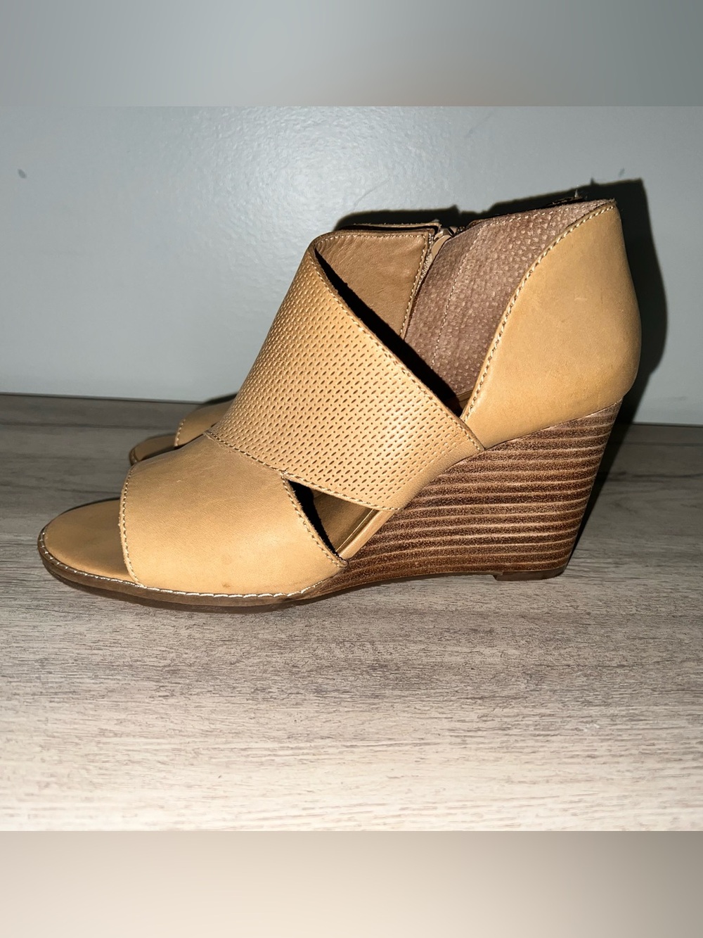 Lucky Brand Tan Leather Peep-Toe Wedge Booties